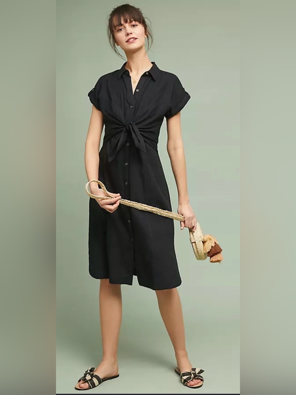 Anthropologie “Elspeth” Button-Front Tie-Waist Midi Dress